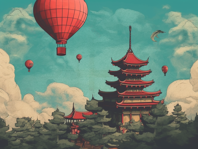 古城古代建筑红色热气球黄色天空山顶水墨写意古典主义绘画,插画/手绘图,插画/手绘图库,插画/手绘图下载,插画/手绘